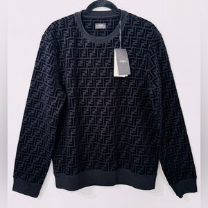 NWT! Fendi Sweatshirt Black Wool Pullover FF Logo Pattern Size Large Authentic!